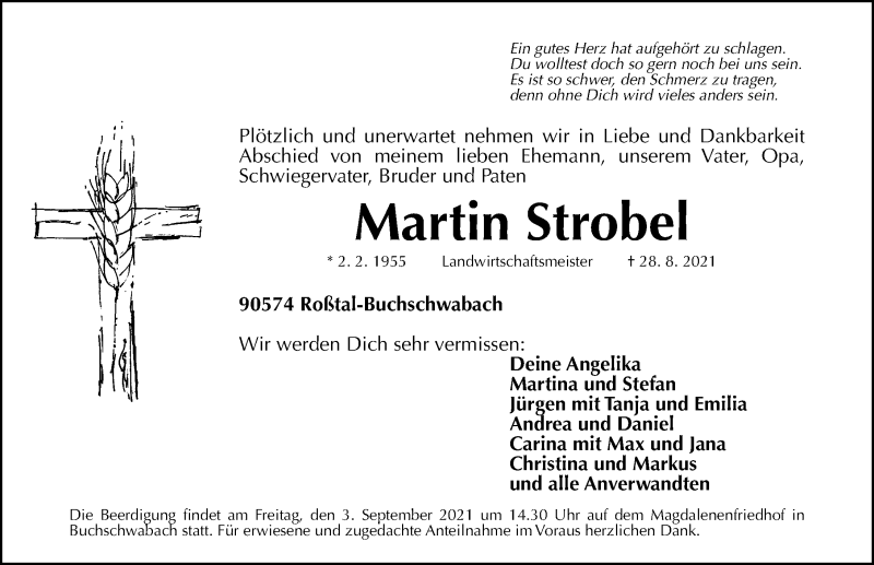  Traueranzeige für Martin Strobel vom 01.09.2021 aus Fürther Nachrichten Lokal