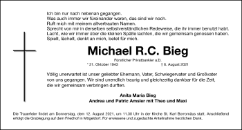Traueranzeige von Michael  Bieg von Gesamtausgabe Nürnberger Nachrichten/ Nürnberger Ztg.