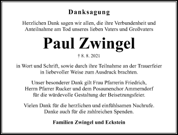 Traueranzeige von Paul Zwingel von Fürther Nachrichten Lokal