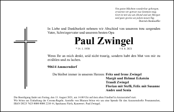 Traueranzeige von Paul Zwingel von Fürther Nachrichten Lokal