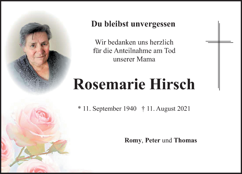  Traueranzeige für Rosemarie Hirsch vom 23.08.2021 aus Neumarkter Nachrichten Lokal