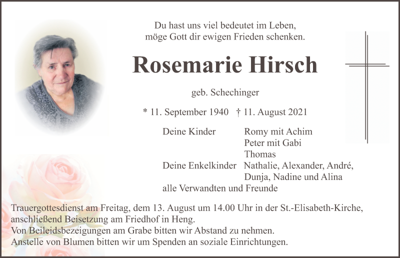  Traueranzeige für Rosemarie Hirsch vom 12.08.2021 aus Neumarkter Nachrichten Lokal