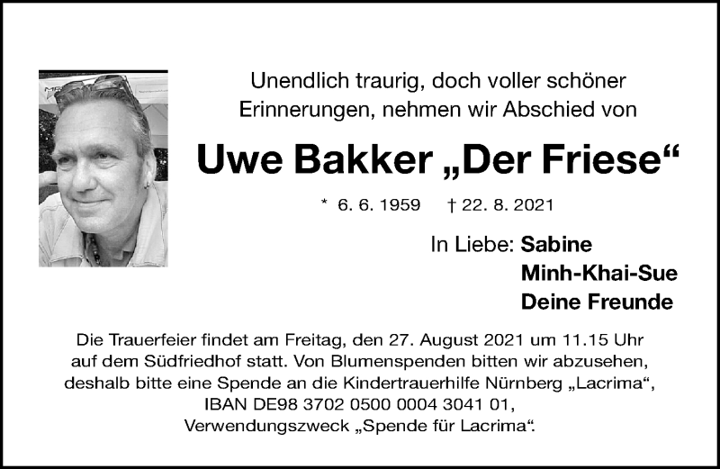  Traueranzeige für Uwe Bakker vom 26.08.2021 aus Gesamtausgabe Nürnberger Nachrichten/ Nürnberger Ztg.