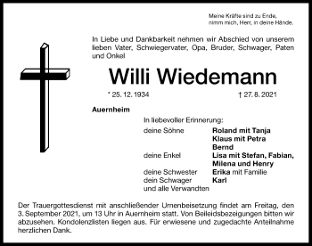 Traueranzeige von Willi Wiedemann von Weißenburger Tagblatt u.Treuchtlinger Kurier Lokal