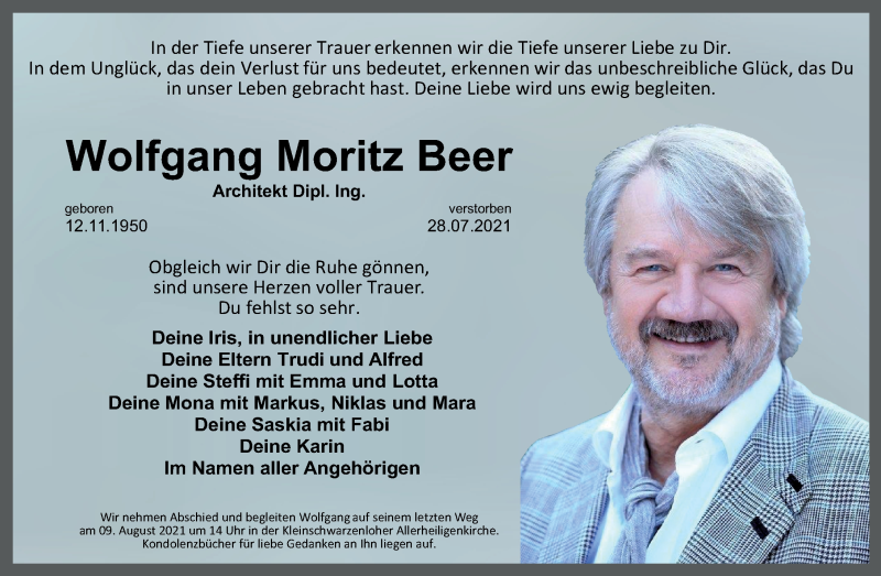  Traueranzeige für Wolfgang Moritz Beer vom 07.08.2021 aus Schwabacher Tagblatt Lokal