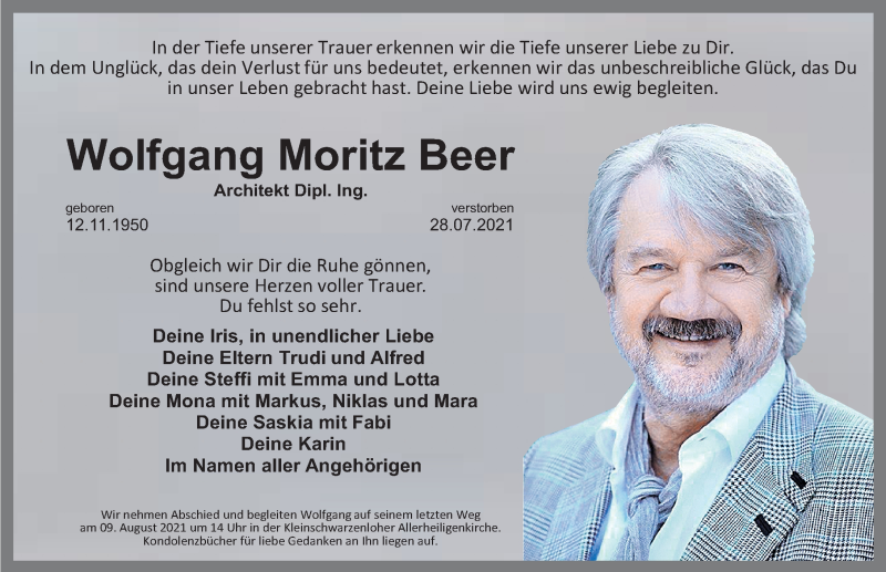 Traueranzeige für Wolfgang Moritz Beer vom 07.08.2021 aus Gesamtausgabe Nürnberger Nachrichten/ Nürnberger Ztg.