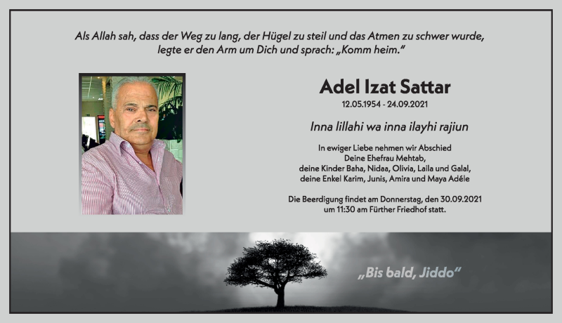  Traueranzeige für Adel Izat Sattar vom 29.09.2021 aus Fürther Nachrichten Lokal