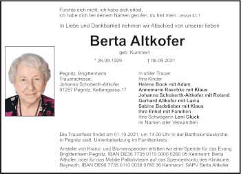 Traueranzeige von Berta Altkofer von Nordbayerische Nachrichten Pegnitz Lokal