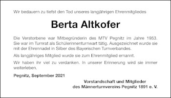 Traueranzeige von Berta Altkofer von Nordbayerische Nachrichten Pegnitz Lokal