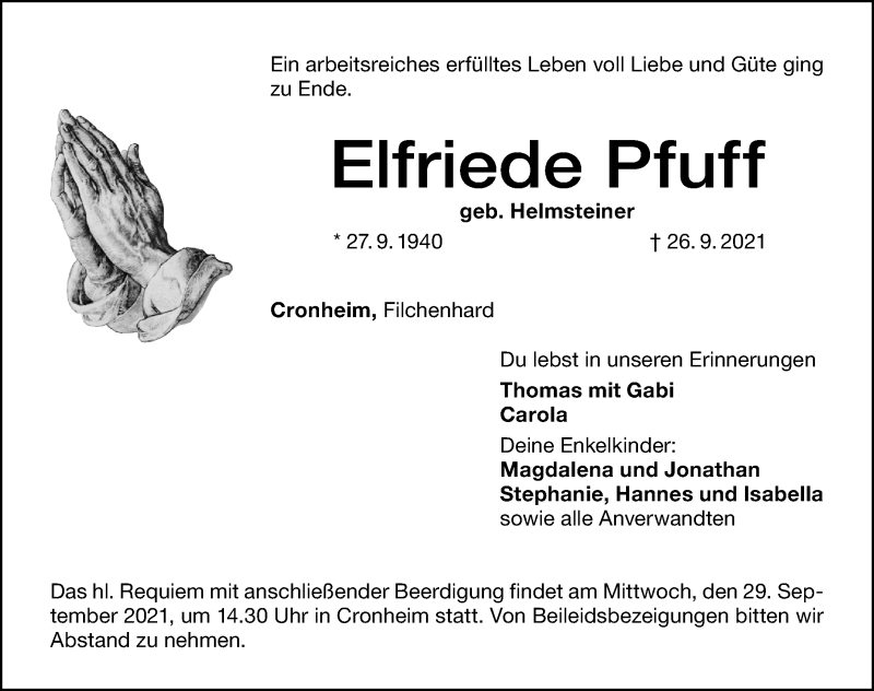  Traueranzeige für Elfriede Pfuff vom 28.09.2021 aus Altmühl-Bote Lokal