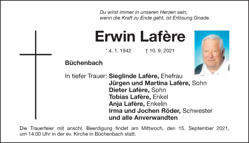  Traueranzeige für Erwin Lafère vom 14.09.2021 aus Roth-Hilpoltsteiner Volkszeitung Lokal
