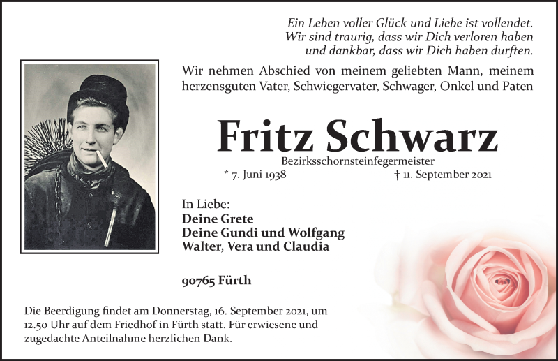  Traueranzeige für Fritz Schwarz vom 14.09.2021 aus Gesamtausgabe Nürnberger Nachrichten/ Nürnberger Ztg.