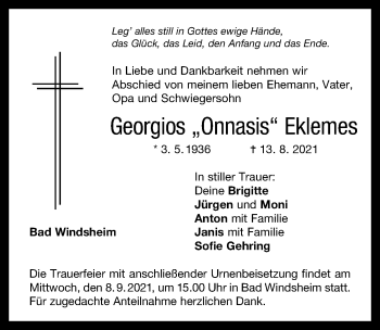 Traueranzeige von Georgios Eklemes von Windsheimer Zeitung Lokal