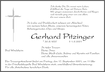 Traueranzeige von Gerhard Pitzinger von Windsheimer Zeitung Lokal