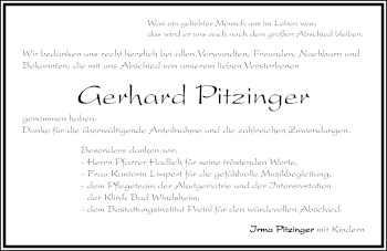 Traueranzeige von Gerhard Pitzinger von Windsheimer Zeitung Lokal