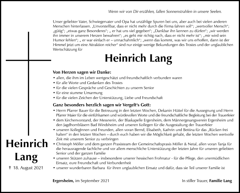  Traueranzeige für Heinrich Lang vom 04.09.2021 aus Fürther Nachrichten Lokal