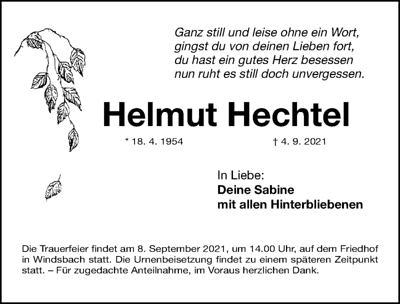  Traueranzeige für Helmut Hechtel vom 07.09.2021 aus Gesamtausgabe Nürnberger Nachrichten/ Nürnberger Ztg.