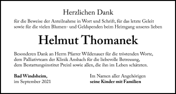 Traueranzeige von Helmut Thomanek von Windsheimer Zeitung Lokal