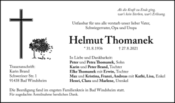 Traueranzeige von Helmut Thomanek von Windsheimer Zeitung Lokal