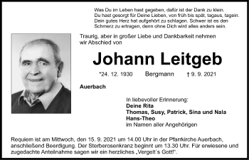 Traueranzeige von Johann Leitgeb von Nordbayerische Nachrichten Pegnitz Lokal