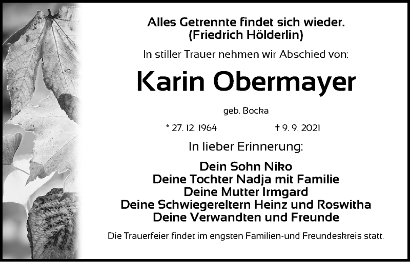  Traueranzeige für Karin Obermayer vom 15.09.2021 aus Gesamtausgabe Nürnberger Nachrichten/ Nürnberger Ztg.