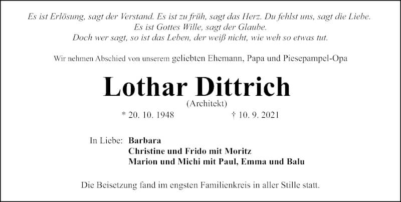  Traueranzeige für Lothar Dittrich vom 18.09.2021 aus Gesamtausgabe Nürnberger Nachrichten/ Nürnberger Ztg.