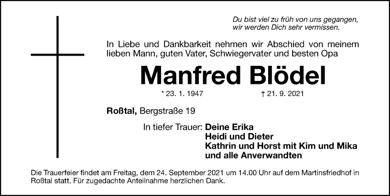  Traueranzeige für Manfred Blödel vom 23.09.2021 aus Fürther Nachrichten Lokal
