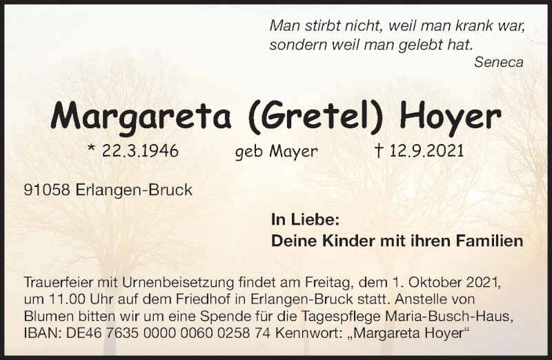  Traueranzeige für Margareta Hoyer vom 25.09.2021 aus Erlanger Nachrichten Lokal