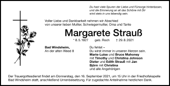 Traueranzeige von Margarete Strauß von Windsheimer Zeitung Lokal