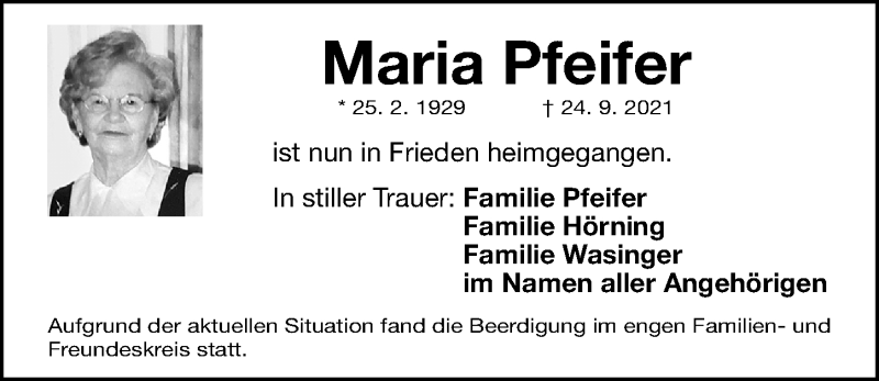  Traueranzeige für Maria Pfeifer vom 01.10.2021 aus Gesamtausgabe Nürnberger Nachrichten/ Nürnberger Ztg.