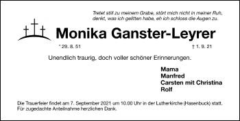 Traueranzeige von Monika Ganster-Leyrer von Gesamtausgabe Nürnberger Nachrichten/ Nürnberger Ztg.