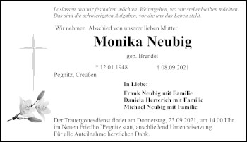 Traueranzeige von Monika Neubig von Nordbayerische Nachrichten Pegnitz Lokal