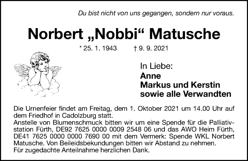  Traueranzeige für Norbert Matusche vom 29.09.2021 aus Fürther Nachrichten Lokal