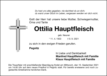 Traueranzeige von Ottilia Hauptfleisch von Nordbayerische Nachrichten Pegnitz Lokal