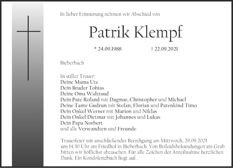  Traueranzeige für Patrik Klempf vom 25.09.2021 aus Nordbayerische Nachrichten Forchheim Lokal