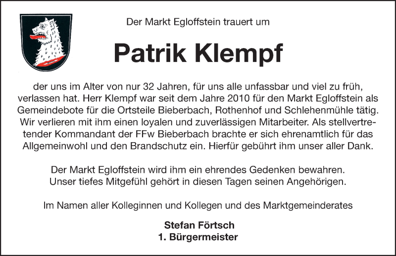  Traueranzeige für Patrik Klempf vom 28.09.2021 aus Nordbayerische Nachrichten Forchheim Lokal