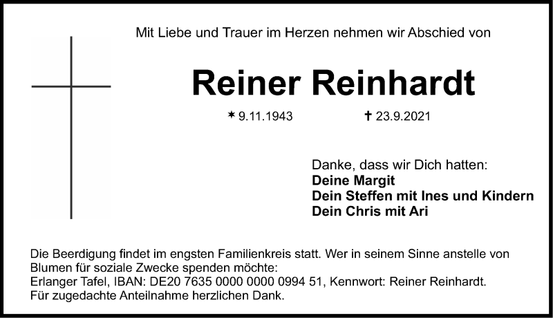  Traueranzeige für Reiner Reinhardt vom 01.10.2021 aus Nordbayerische Nachrichten Herzogenaurach Lokal