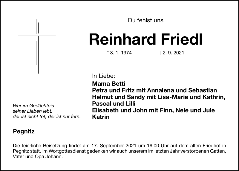  Traueranzeige für Reinhard Friedl vom 14.09.2021 aus Nordbayerische Nachrichten Pegnitz Lokal
