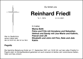 Traueranzeige von Reinhard Friedl von Nordbayerische Nachrichten Pegnitz Lokal