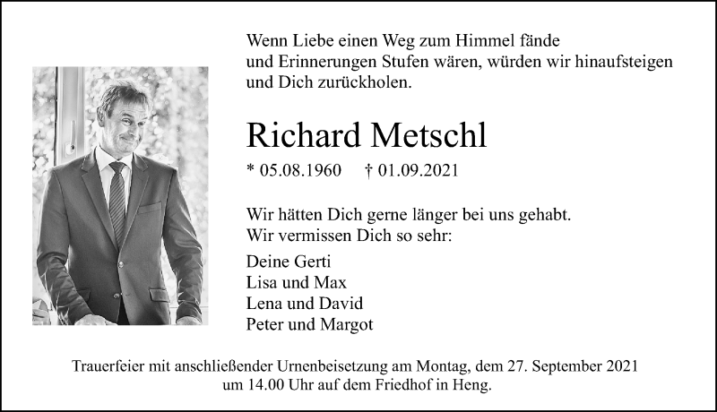  Traueranzeige für Richard Metschl vom 23.09.2021 aus Neumarkter Nachrichten Lokal