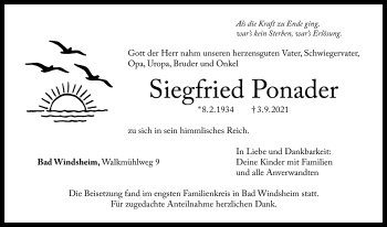 Traueranzeige von Siegfried Ponader von Windsheimer Zeitung Lokal