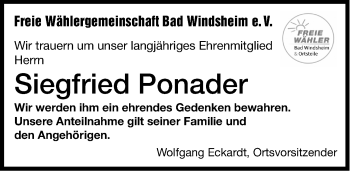 Traueranzeige von Siegfried Ponader von Windsheimer Zeitung Lokal