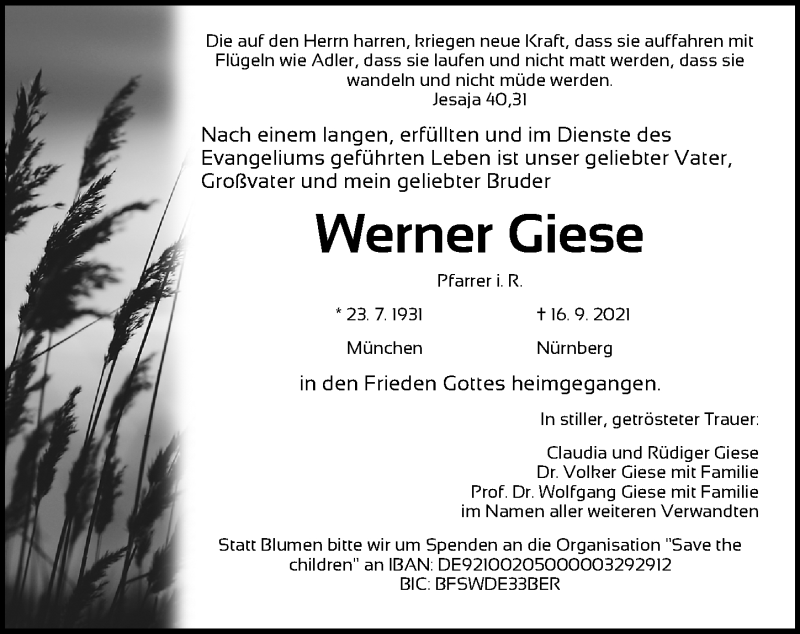  Traueranzeige für Werner Giese vom 22.09.2021 aus Gesamtausgabe Nürnberger Nachrichten/ Nürnberger Ztg.