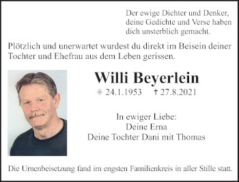 Traueranzeige von Willi Beyerlein von Erlanger Nachrichten Lokal