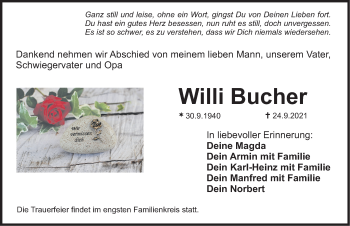 Traueranzeige von Willi Bucher von Nordbayerische Nachrichten Herzogenaurach Lokal