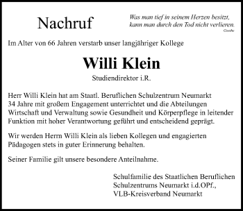 Traueranzeige von Willi Klein von Neumarkter Nachrichten Lokal