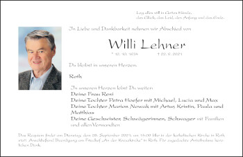 Traueranzeige von Willi Lehner von Roth-Hilpoltsteiner Volkszeitung Lokal