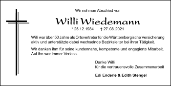 Traueranzeige von Willi Wiedemann von Weißenburger Tagblatt u.Treuchtlinger Kurier Lokal