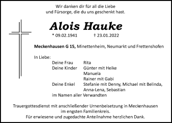 Traueranzeige von Alois Hauke von Roth-Hilpoltsteiner Volkszeitung Lokal