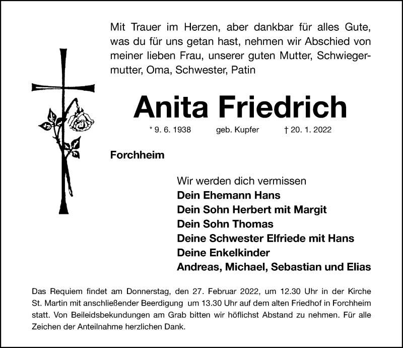  Traueranzeige für Anita Friedrich vom 22.01.2022 aus Nordbayerische Nachrichten Forchheim Lokal